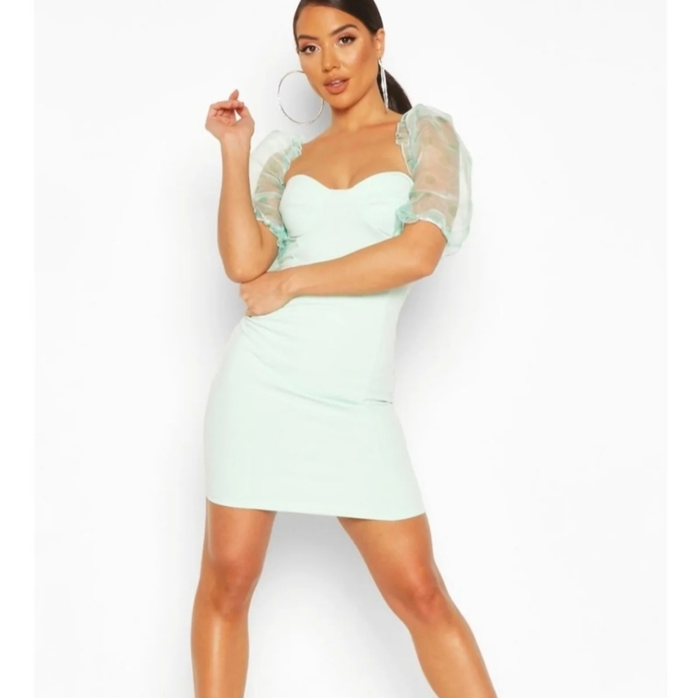 Mint spotted Puff sleeve cup dress
